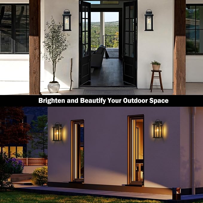 2-Pack 15.5" Motion Sensor Outdoor Lights Dusk to Dawn Porch Light | 3 Lighting Modes, E26 Socket, Water Glass, Hardwired, Matte Black Exterior Lighting Fixtures for Porch Front Door