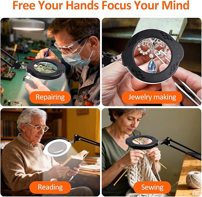 10X 30X Magnifying Glass with Light and Stand, Desktop LED Magnifying Lamp with Base and Clamp, 5 Color Modes, 3 Dimmable Levels Hands Free Magnifying Glasses for Close Work, Reading Crafts Jewelry