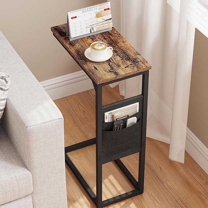 TUTOTAK C Shaped End Table, Side Table for Couch, Sofa Table | with Storage Bag, Set of 2, TV Tray for Living Room, Bedroom, Brown TB01BB0822