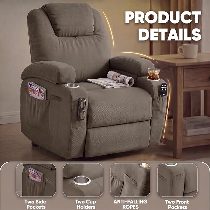 Flamaker Power Lift Chair Massage Recliner Chairs for Elderly | Ergonomic Lift Recliner Design with Cup Holders & Side Pockets, Remote Control (Dark Brown)