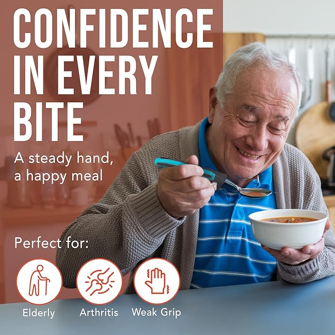 BUNMO Adaptive Utensils for Elderly, Arthritis, Weak Hand Grip & Handicapped - 4 Piece Set - Convenient Travel Pouch - Lightweight - Arthritis Gifts for Seniors Over 80 - Gifts for Disabled Adults