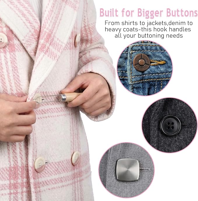 3 Pcs Wooden Button Hook and Zipper Pull with Easy-Grip Handle | Button Helper Wood Button Assist Tool for Shirts,Coats,Dresses,Ideal Button Aids for Arthritis & Limited Dexterity