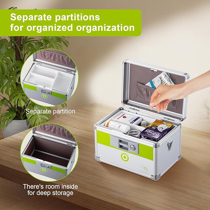 Medicine box with lock 12 x7.6x 7.8 inches [Medium] | Medication Lock box ，First Aid Key Safe Box with Lock, Medical Box Organizer