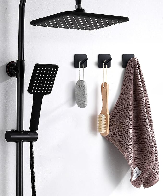 xdgeLoad Heavy Duty Hooks - 5 Pack, Non-Punching Self-Adhesive Wall Hooks for Bathrooms/Coat/Robe/Kitchen, Matte Stainless Steel Black
