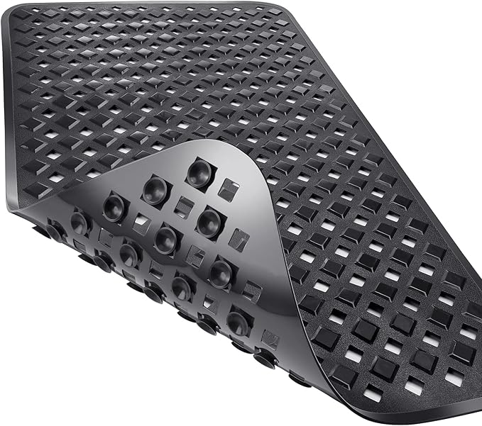 Yimobra Bathtub Mat Non Slip, Super Strong Suction Cups, 27.5"x15.5" Long Shower Mat with Drain Holes, Machine Washable Fast Draining Bath Mats, Bathroom Essentials,Black