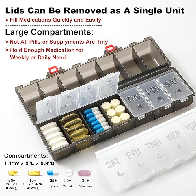 Foldable Pill Organizer 2 Times a Day w/Etched Labels -Dual Protection & Portable Weekly AM PM Pill Box, 7 Day Medicine Container, Large Travel Pill Case for Daily Supplement Vitamin -Clear Black