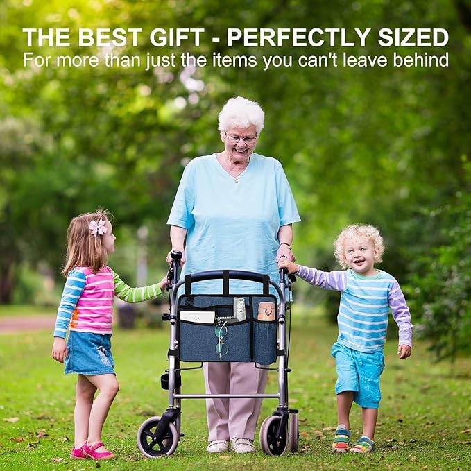 Elfzone Walker Accessory Bag - Walker Bags，Rollator Organizer Pouch for Walker Water-Resistant Armrest Accessories for Seniors, Elderly, Handicap, Blue