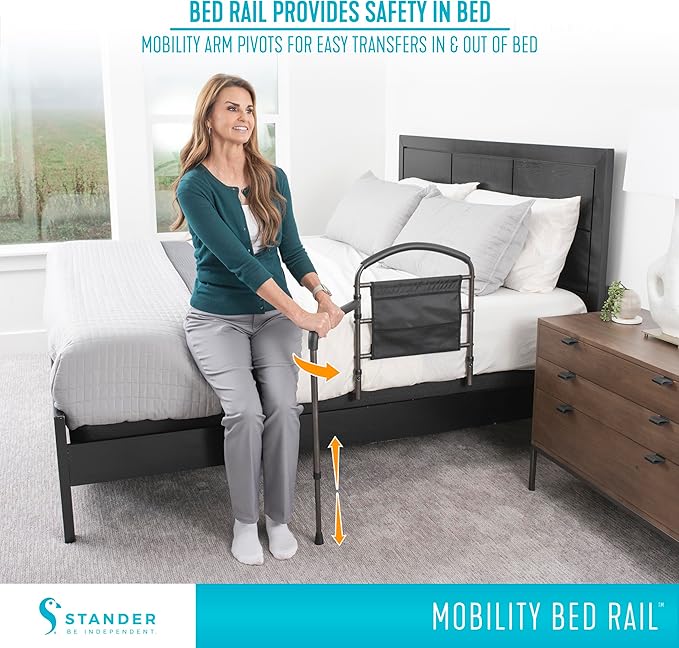 Stander Mobility Rail, Bedside Railing and Assist Bar with Swing-Out Safety Handle for Adults, Seniors, and Elderly, Guardrail with Organizer Pouch, ASTM Safety Approved Bedrail