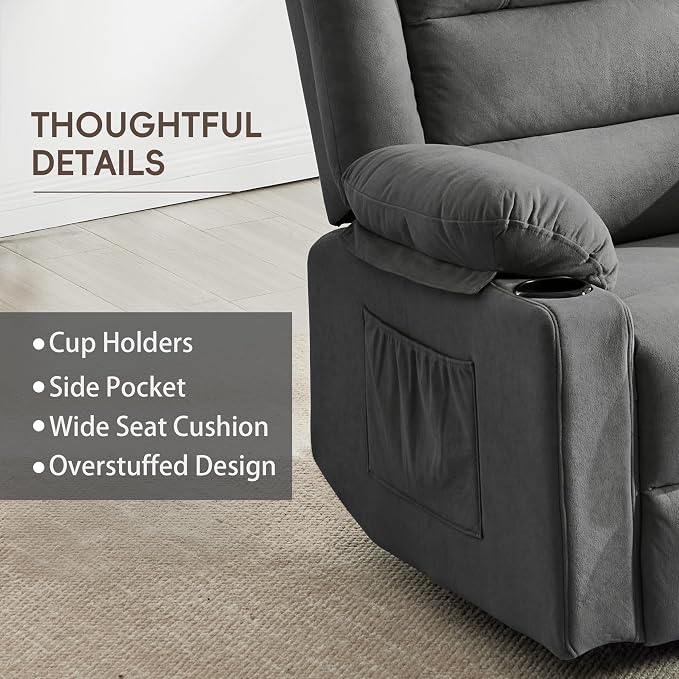 Ketaiyou Swivel Rocker Recliner Chair for Adults with Massage and Heat, Cup Holders and Side Pockets, Glider Rocking Reclining Single Sofa Chair for Living Room (Grey2)