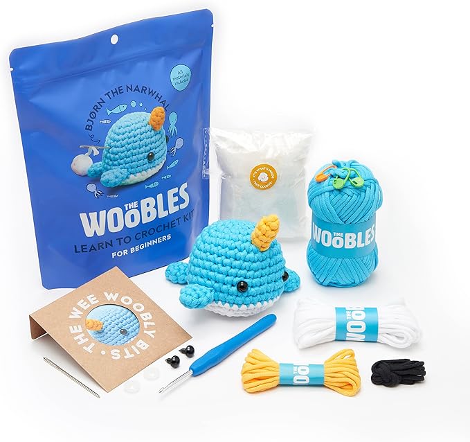 The Woobles Amigurumi Crochet Kit for Beginners (Bjørn the Narwhal) | As seen on Shark Tank, Kit includes: Easy Peasy Yarn, pre-started piece, hook, safety eyes, stuffing, video tutorials