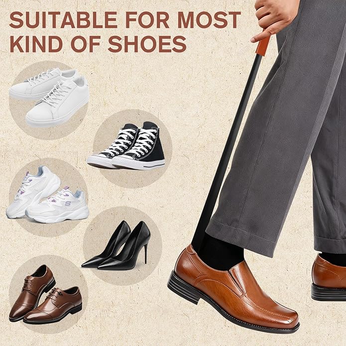 Redriver Metal Shoe Horn Long Handle for Seniors, 28.3'' Extra Long Shoehorn, Shoe Spoon Helpers to Put on Your Shoes for Boots Men Pregnant Women Kids(Brown Handle)
