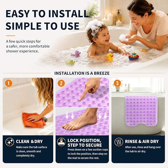 Yimobra Non Slip Bathtub Mat 40 x 16 Inch, Extra Long Shower Mat with Drain Holes, Machine Washable Baby Bath Mats, Strong Suction Cups for Bathroom Floor, Clear Purple