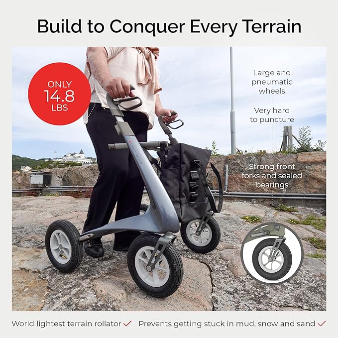 byACRE Carbon Overland/All Terrain Carbon rollator/Big Pneumatic Wheels/Lightweight at only 14.8 lbs/Foldable with seat
