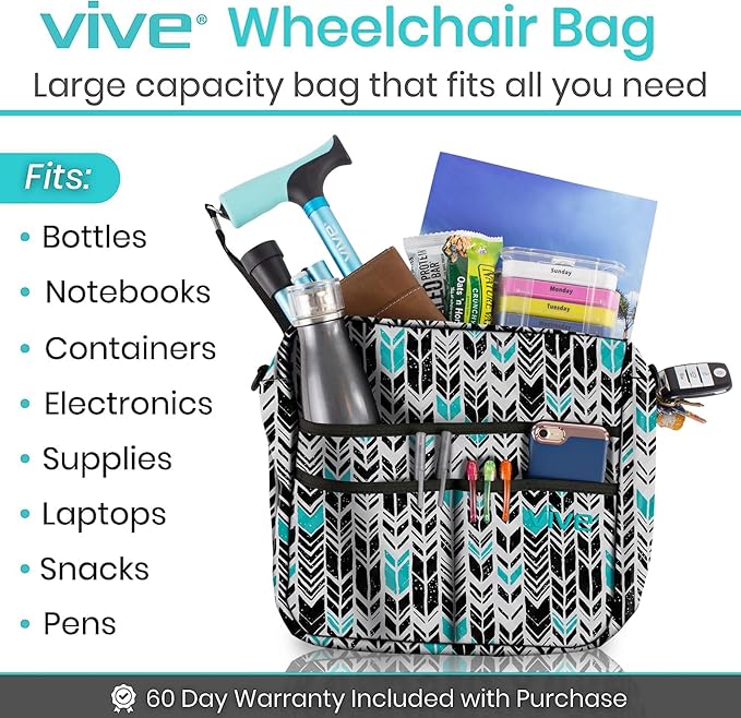 Vive Wheelchair Bag - Machine Washable, Double-Stitched, Water-Resistant Accessory Backpack for Rollators, Wheel Chairs, Walkers - Pouch with XL Pockets & Straps for Quick Installation