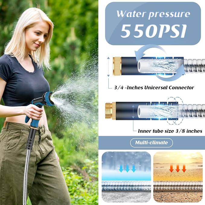 Metal Garden Hose 50FT with 10-Function Nozzle, No-Kink Water Hose | Metal Hoses with Leak-proof Connectors, Lightweight, Puncture-proof, Pet-proof, Sturdy, 550PSI, Hose for Outdoor, Yard