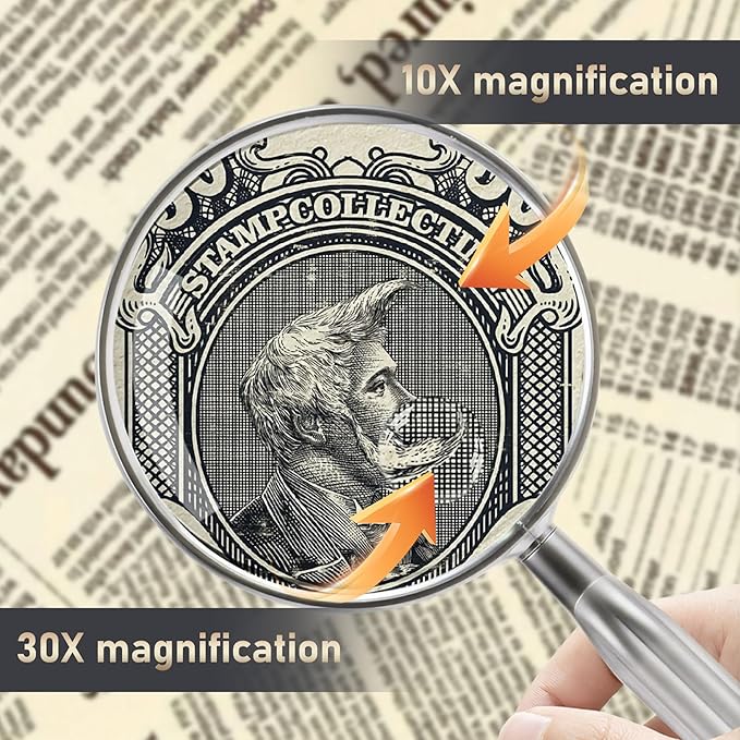 Lakei Magnifying Glass,10X Handheld Reading Magnifying Glass，110mm Shatter Resistant Lens, Non-Slip Handle, Suitable for Elderly Reading, Adults Close Work, Hobbies and Science (Gold)