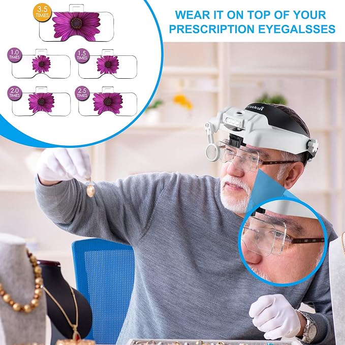 Dilzekui Magnifying Glass with Light 1X-14X, Rechargeable Headset Magnifier | 2 Lens Slots,Detachable Acrylic Magnifying Glasses Lens, Adjustable 2 Lightness, Head Magnifier for Close Work Jewelry Crafts