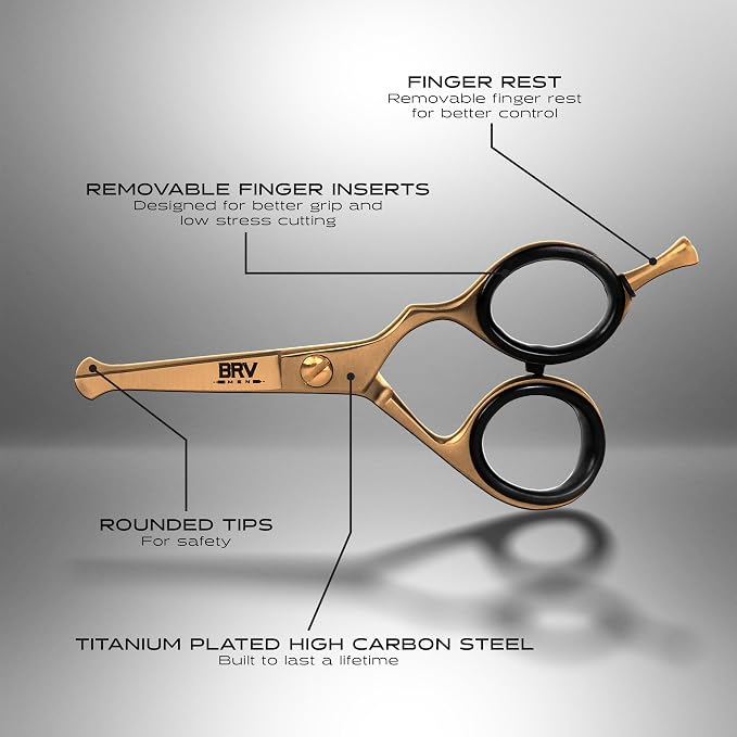 BRV MEN Rounded-Tip Small Trim Scissors for Men 4.2" | Titanium Series | Nose Hair Scissors for Men | Professional Grooming for Beard, Mustache & Ear Hair - RIGHT HANDED (Titanium Bronze)