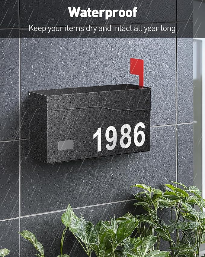 Uniclife Wall Mount Mailbox for Outside (No Locking Mechanism) | Flag & Number Stickers, Large Metal Mail Box for House, Modern Post Box for Outdoor Office Home