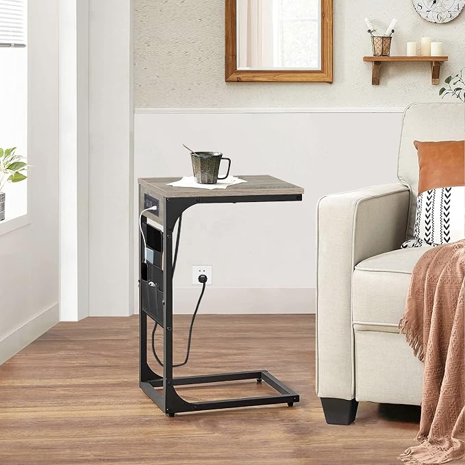 TUTOTAK C Shaped End Table with Charging Station, Side Table for Sofa | Couch Table with Storage Bag, TV Tray with 2 USB Ports and Outlets, Set of 2, Living Room and Bedroom, Greige TB01BG0242