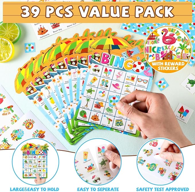 39Pcs Pool Party Bingo Game for Adults Kids 24 Players Summer Party Bingo Game Cards with Reward Stickers for Family Friend Student Large Group Activities Hawaiian Tropical Beach Parties Supply Favors