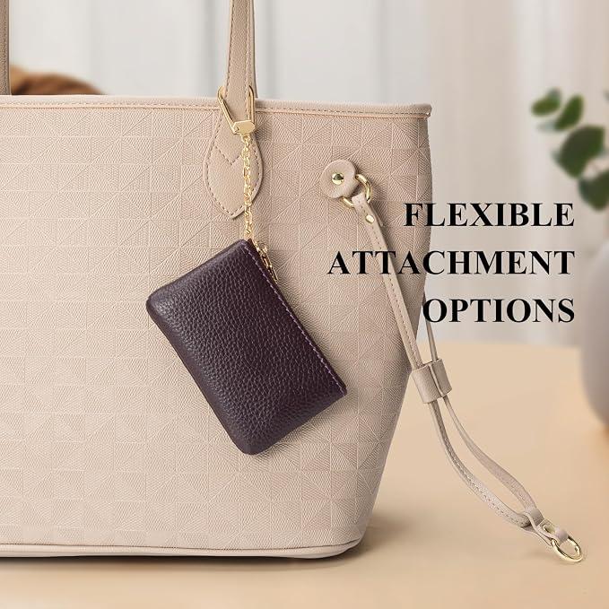 Full Grain Leather Coin Purse with Key Chain - Small Change Purse Keychain Card Holder Keychain Pouch Small Keychain Wallet for Women and Men (Eggplant Purple)