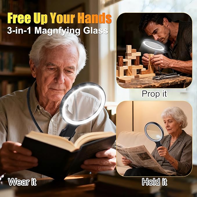 Hands-Free Neckband Magnifier & Magnifying Glass with Light for Seniors – Rechargeable 5X/10X Large 5.3" Lens for Close Work, Reading, Sewing, Cross-Stitching, Crafts