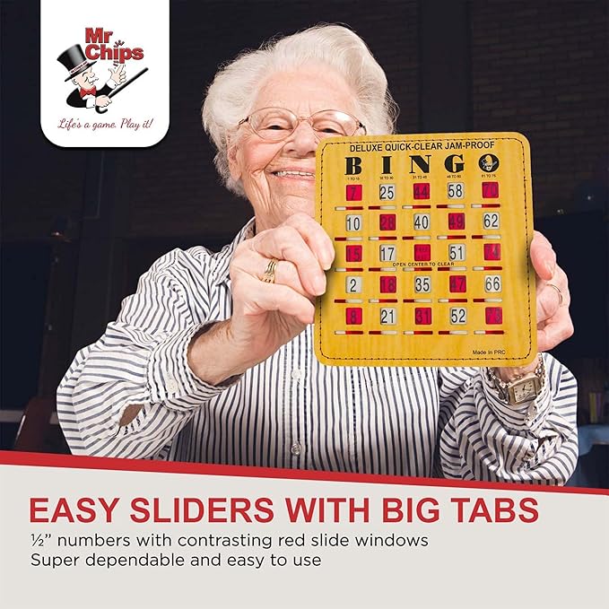 MR CHIPS Jam-Proof Bingo Cards with Sliding Windows, 25 Reusable Shutter Cards, 75 Calling Cards 1 Master Board in Woodgrain Style