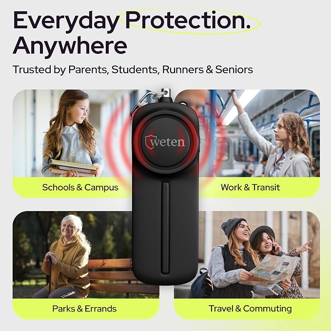 Personal Safety Alarm Keychain for Women, 130dB Siren, 2 Pack Black | LED Light, Panic Pin, Self-Defense Device, Emergency Whistle Alternative for College, Travel, and Night Walk Protection