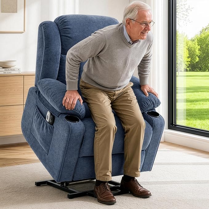 Power Lift Recliner for Elderly,Electric Recliner Chair with Massage & Heating for Adults, USB Charging, Cup Holders, Side Pocket, Living Room Sofa L1288 (Navy Blue)