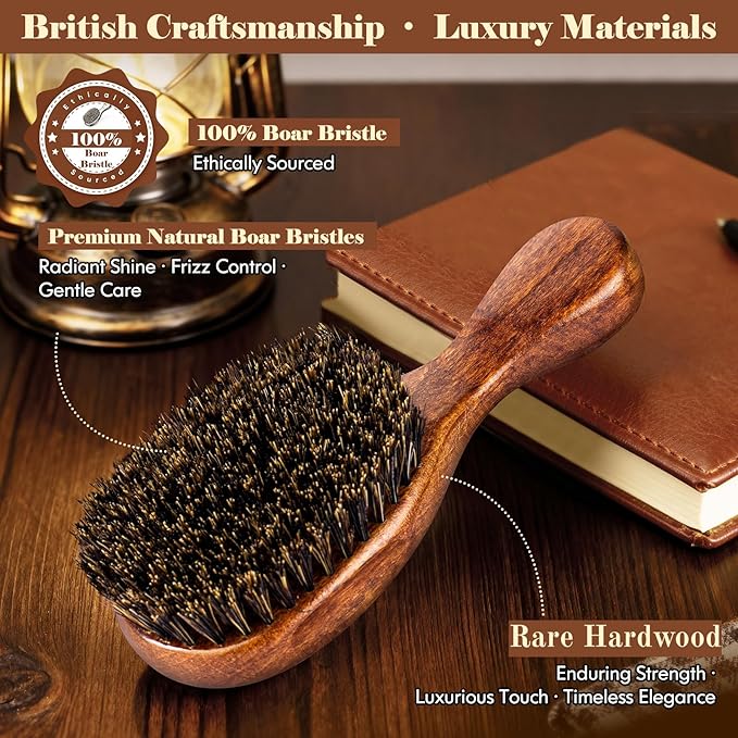 Small 100% Boar Bristle Hair Brush Since 1965 British Craftsmanship | Handmade Natural Wooden Travel Hairbrush/Beard Brush, Soft Bristles Gentle Smoothing Women Men Kids Thin Fine Hair, Portable