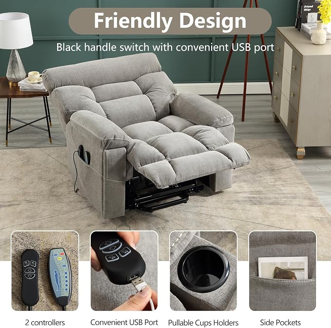 Dual Motor Power Lift Recliner Chair for Elderly, 27" Extra-Wide Seat 450 lbs Weight Capacity Infinite Position Adjustment, with Heated Massage, Cup Holders and USB Port, Grey Fabric
