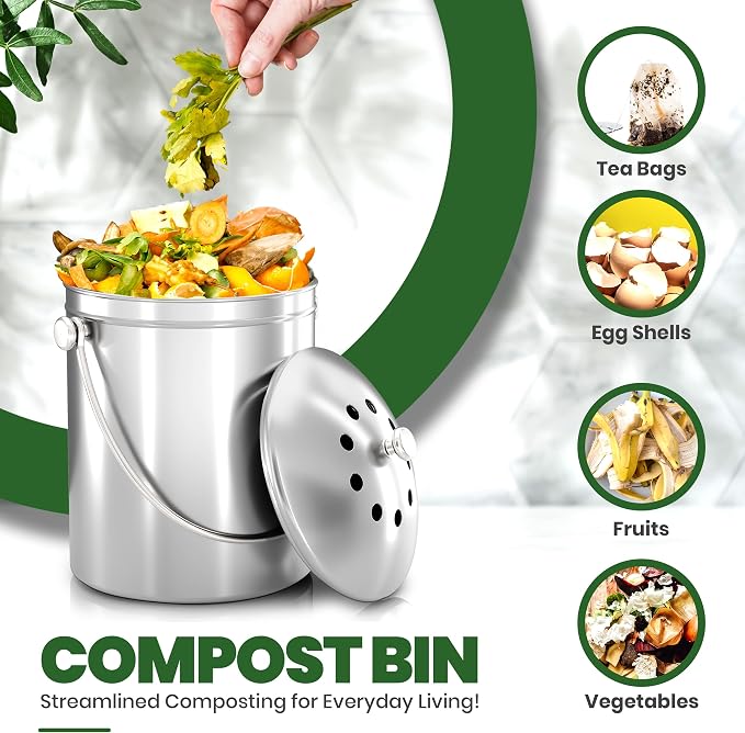 Utopia Kitchen Countertop Compost Bin 1.3 Gallon, Stainless Steel, Silver | Odorless countertop compost bin with charcoal filter, ideal for food scraps and waste