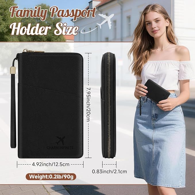 Likesing Family Passport Holder for 4, RFID Multiple Passport Holder-Black | Leather RFID Blocking Travel Passport Wallet with Zipper, Travel Document Organizer with Wrist Strap Card Slots for Women Men