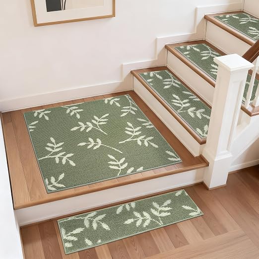 Non-Slip Landing Mat for Wooden Steps Indoor,Carpet Stair Treads | 30"x 30" Peel and Stick Soft Stair Rugs for Pets, Non Skid Wood Staircase Step Treads Reusable,Stair Protectors, Green