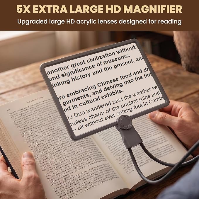 Neck Magnifying Glass with Light, 3-in-1 5X Magnification, 48 LEDs, Acrylic Lens, Adjustable Gooseneck, 3 Color Brightness Settings, Rechargeable, for Seniors Reading & Craft (Grey)