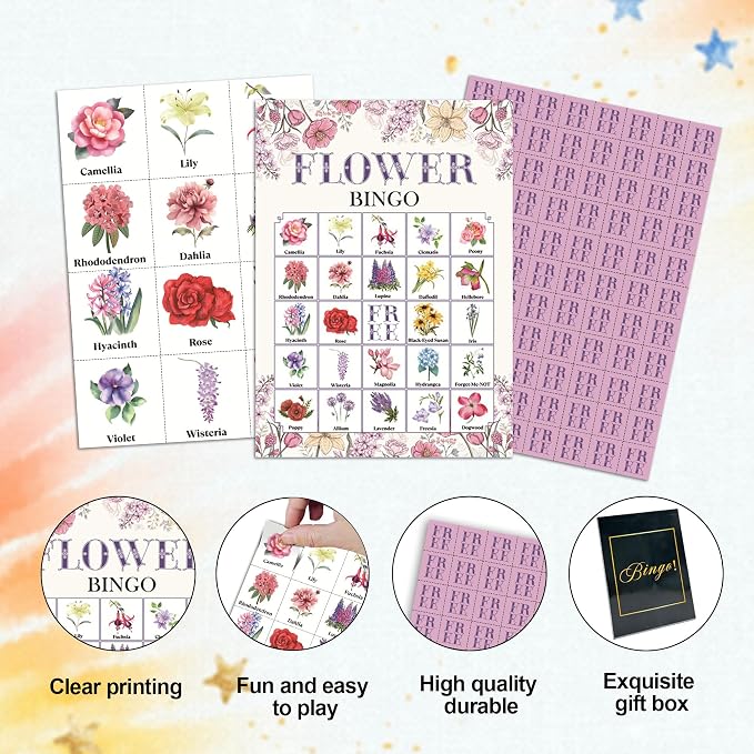 Flowers Bingo Game Cards, Floral Bingo Set for Adults Large Group, Flowers Games for Tea Bridal Shower Birthday Party Decor, Vintage Floral Cards Gifts for Family Friends, 08