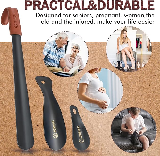 ZOMAKE Shoe Horn Long Handle for Seniors Men Women,Metal Long Shoehorn Boot Horn 16.5",Travel Small Shoe Spoon Helper for Kids 7.5"&3.9"