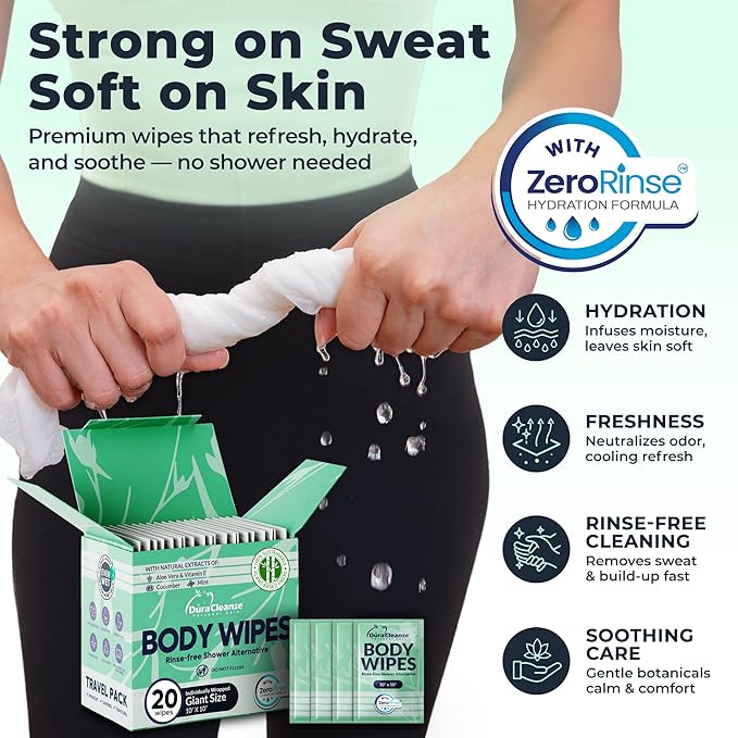 Travel Body Wipes for Women - 20 XL Shower Wipes for Adults Bathing No Rinse - Individually Wrapped 10”x10” Disposable Washcloths - Feminine Hygiene Essentials, Gym, Backpacking, Camping Must Haves