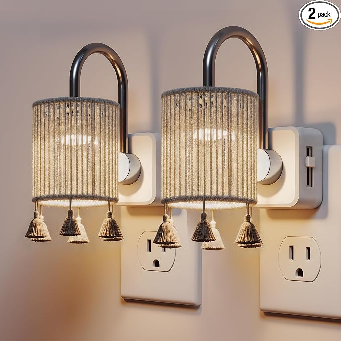 L LOHAS LED Night Lights Plug into Wall, Boho Fabric Cylinder Night Light | 2 Pack Decor Nightlight with Tassel,Dusk to Dawn Sensor,0-100LM Dimmable Vintage Night Lights for Bedroom,Living Room,Hallway