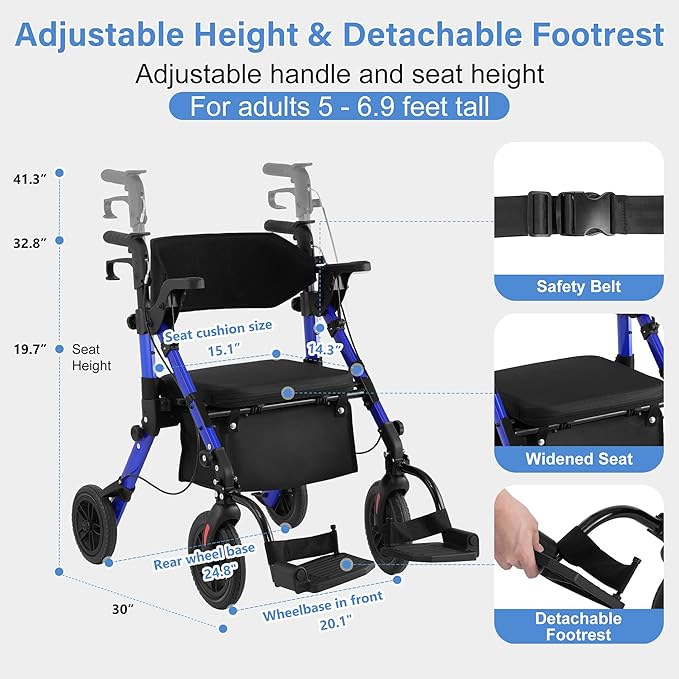 Rollator Walkers for Seniors with Seat, Walker Wheelchair Combo, 2 in 1 Rolling Walker Transport Wheelchair Lightweight Foldable, 10" Big Wheels Transport Chair with Brakes,Blue