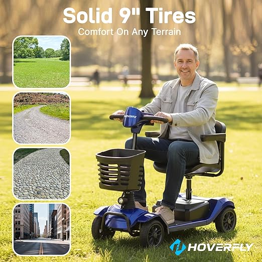 Hoverfly T4 Mobility Scooter for Seniors, Max 12.4-Mile Range & 3.7 mph, 3-Position Seat & Anti-slip Rear Wheel, Removed Battery&Quick Fold Design, Solid 9" Tire&330 lb Capacity, Ease of Assembly Blue
