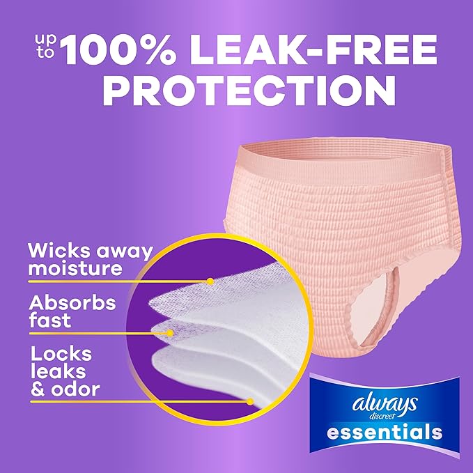 Always Discreet Essentials Adult Diapers for Women, Postpartum Essentials, Disposable Briefs, Unscented Incontinence Underwear Bladder Leak Protection, Size L, 56 Count
