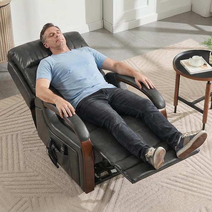 Power Lift Recliner Chair for Elderly People, Dual Motor Lift Chair with Vibration Massage and Heat, Lay Flat Recliner with Solid Wood Armrest, Standing Assistance Reclining, Faux Leather Dark Gray