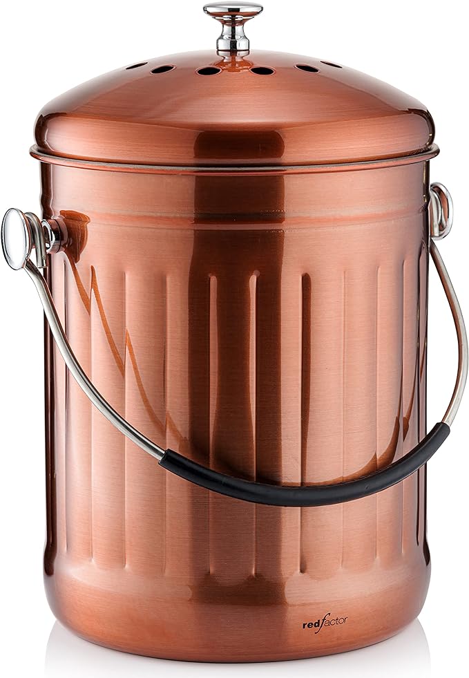 Premium Compost Bin for Kitchen Countertop - Stainless Steel Food Waste Bucket with Innovative Dual Filter Technology - Includes Spare Filters (Matt Copper, 1.3 Gallon)