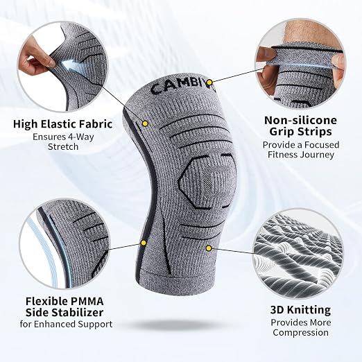 CAMBIVO 2 Pack Knee Brace for Women & Men, Latex Free & Silicone Free Compression Knee Sleeves with Side Stabilizers, Lightweight Knee Support for Arthritis, Meniscus, Walking, Running (Gray, Small)