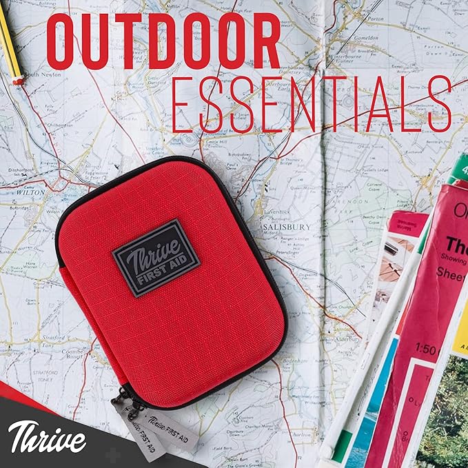 Thrive Mini First Aid Kit - Compact Travel Essentials for Camping & Cruise, Waterproof Survival Med Kit for Hiking, Portable Emergency Hiking Supplies Pouch, 66-Piece, Red Shell Case