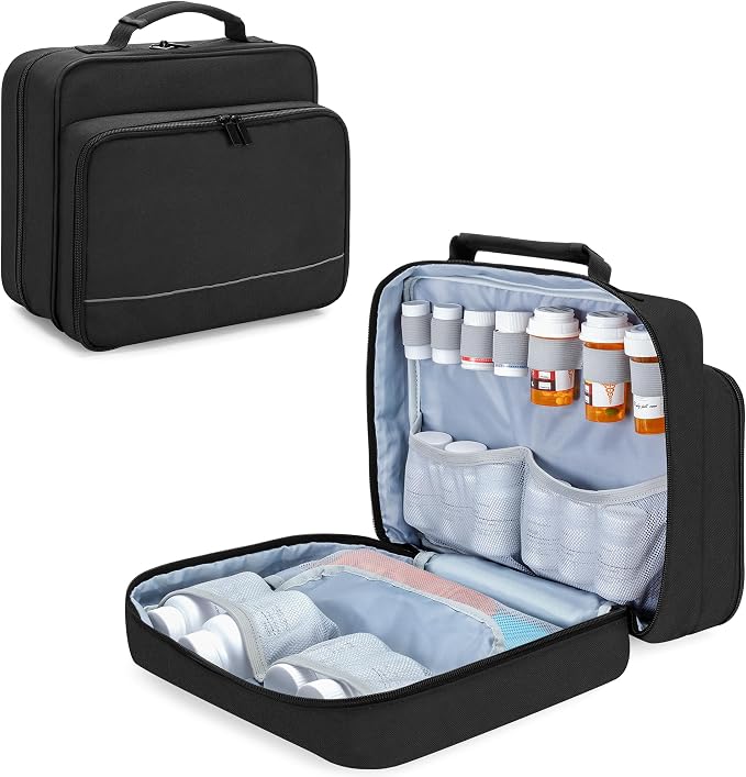 Damero Pill Bottle Organizer, Medicine Bottles Storage Bag, Black | Medication Travel Carrying Case, with Mesh Pouches and Elastic Bands, for Pill Organizer, Vitamins, Medical Supplements