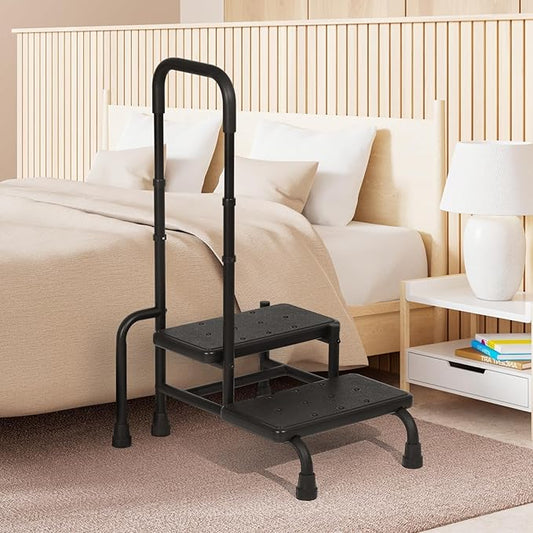 Step Stool with Handle, Heavy Duty 2 Step Stool for Elderly with Adjustable Handrail and Non-Skid Platform, Bed Steps for High Beds for Adults, Seniors, Handicap, Hold up to 400LBS