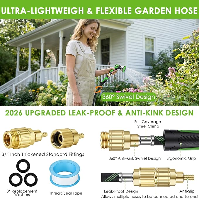 Garden Hose 50 ft, Non-Expandable Ultra-Lightweight Flexible Hose with 360° Dual-End Anti-Kink Design, 10-Pattern Spray Nozzle, 500 PSI Leak-Proof, 96-Strand Braided Fabric, Storage Strap